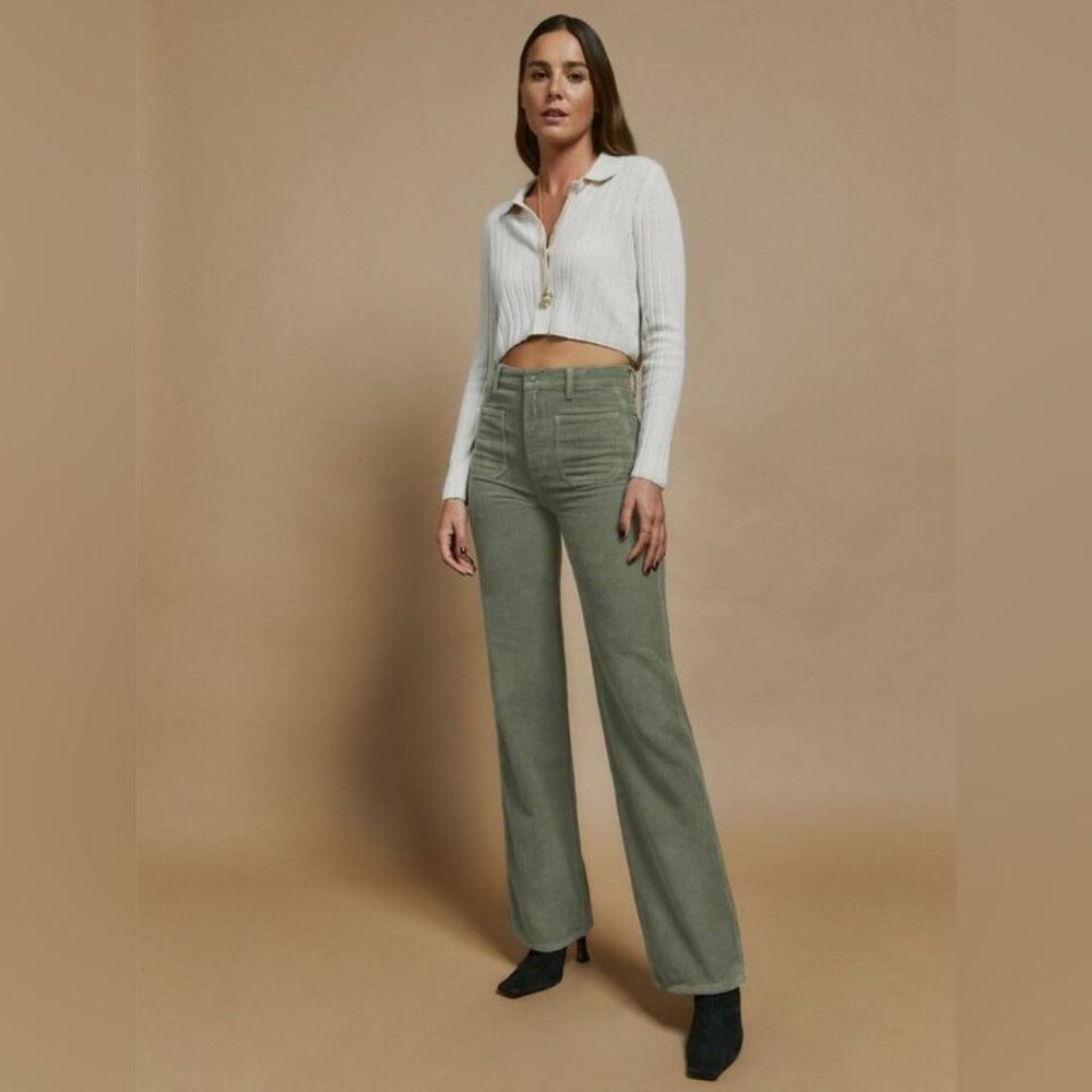 Reformation Alyssa High Rise Wide Leg Corduroy Pants Patch Pockets Moss 23